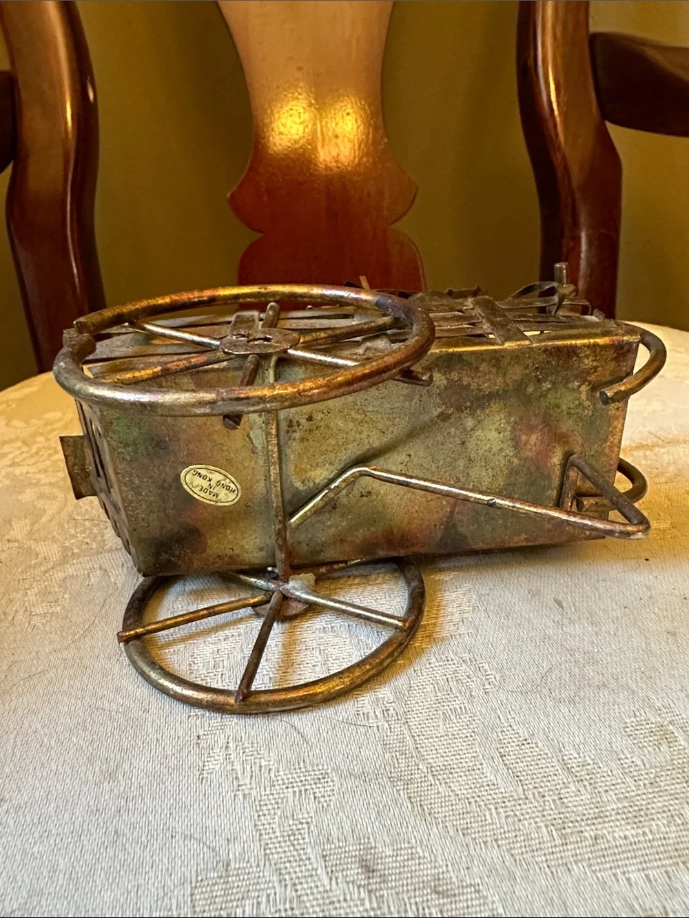 Vintage copper and brass 3D flower cart, wagon w/buckets of flowers
